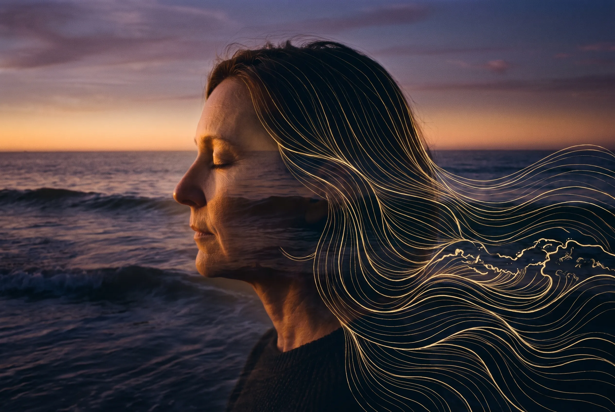 Frau am Meer, Profil mit goldenen Linien